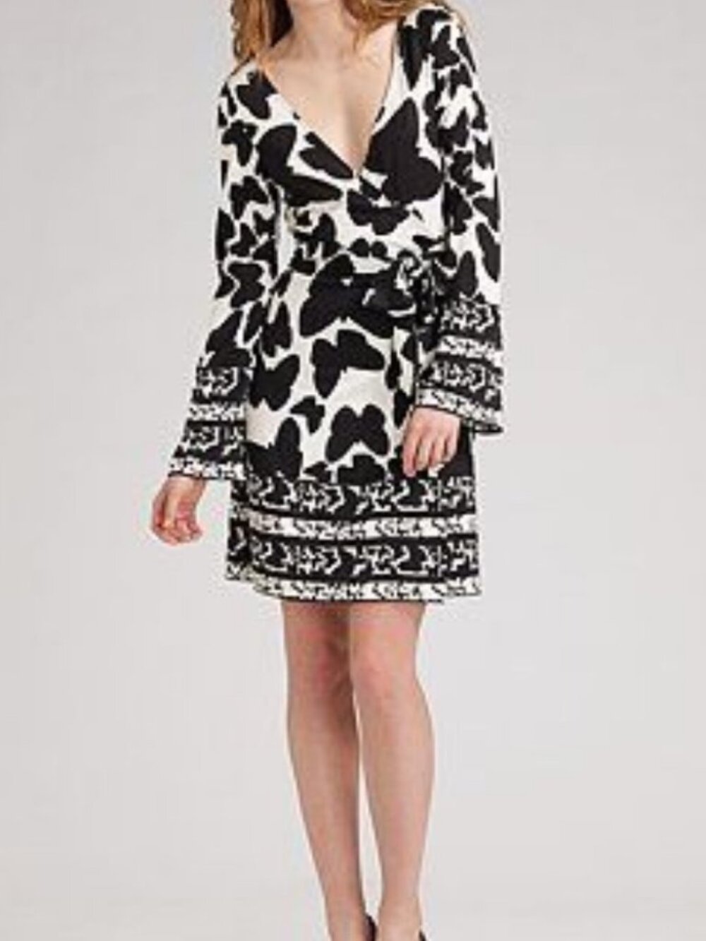 Diane Von Furstenberg Black & Ivory Butterfly-Print Wrap Dress
